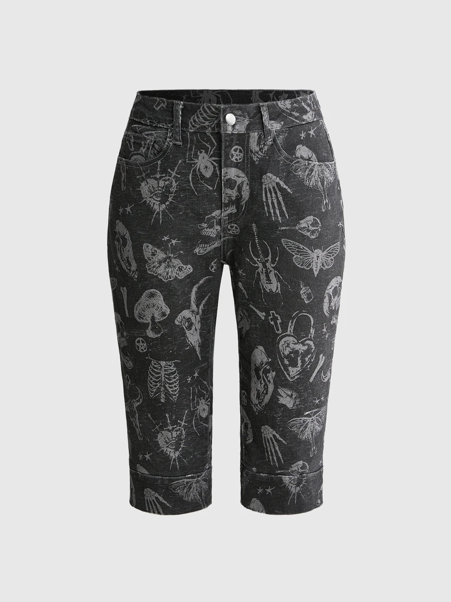 ROMWE Dark Gray Gothic Skull All-Over Print Slim Fit Stretch Denim Mid-Length Pants For Women - Dark Grey - View 1