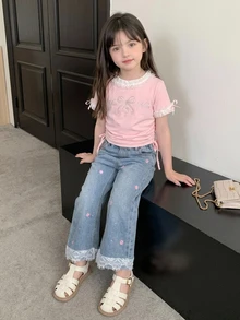 Dazy Kids Young Girls' Lace Patchwork Flared Washed Light Blue Denim Jeans Fall - Light Wash - View 9