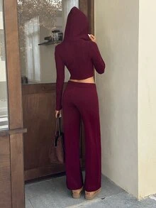 Autumina Women's Fashion Versatile 2 Pieces Set, Cropped Hooded Cardigan & Knit Pants, Casual Commute - Burgundy - View 2