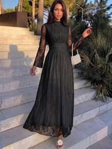 Firerie Women's Elegant Long Lace Dress With Stand Collar And Bell Sleeves - Black - View 11
