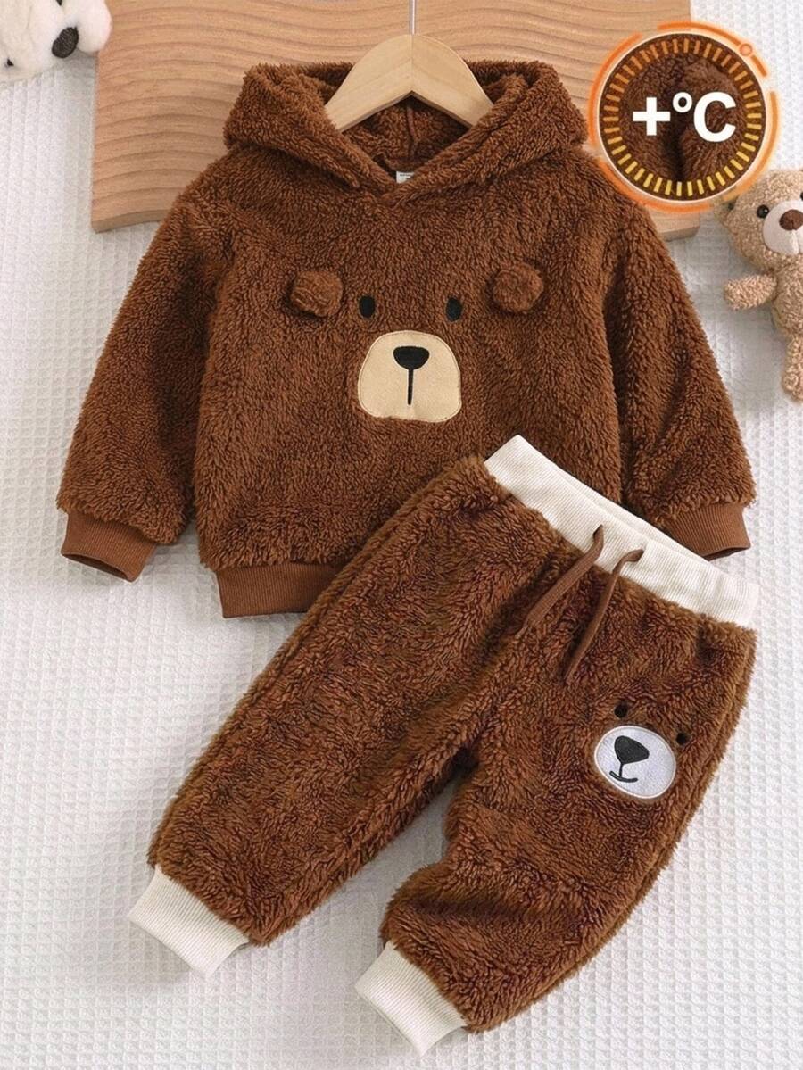 SHEIN 兒童小男孩休閒刺繡可愛熊絨毛連帽衛衣 - 卡其色 - 查看 1