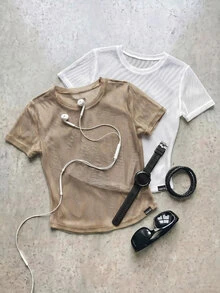 SHEIN Cheerettes 女款休閒網紗透視牛仔運動T恤2件組 - 彩色 - 查看 2