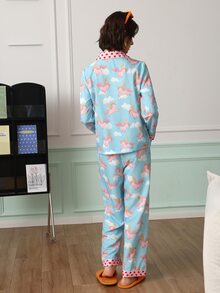 Chillnights Women's Cloud Unicorn Contrast Color Heart Print Lapel Long Sleeve Pants Pajama Set - Blue - View 2