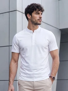 TekDrob Kemeja Polo Lengan Pendek Warna Polos Kasual Serbaguna untuk Pria - Putih - View 6