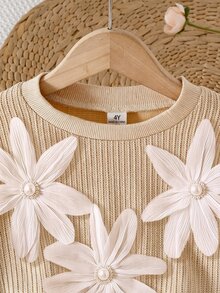 SHEIN Toddler Girls Set Polyester Round Neck Long Sleeve Botanical Ruffle Patchwork Short A-Line Loose Fit Princess Dress Fall Khaki - Khaki - View 3