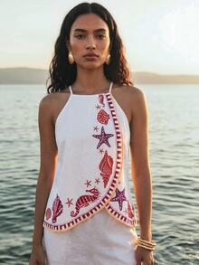 CAJUNI Top With Wrap-Style Front And Halter Neck, Sea Element Print. - White - View 5