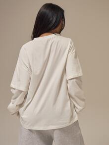 MUSERA ESSENTIALS Solid White Double Layer Overlay Sleeve Crew Neckline Oversized Fit T-Shirt Top Basics Loungewear Casual Everyday Essentials - White - View 4