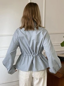 Livesso Women's Solid Color Pleated Casual Versatile Daily Long Sleeve Jacket Autumn Travel Everyday Baby Blue - Blue - View 2