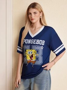 SpongeBob SquarePants | SHEIN Women's Letter Cartoon Print Short Sleeve T-Shirt - Navy Blue - View 4