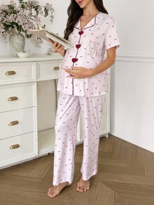 Moonlight&Mama Set Piyama Hamil Kasual dengan Pita dan Motif Garis-garis, Atasan Lengan Pendek Berkancing Depan dan Celana Panjang - MultiWarna - View 4