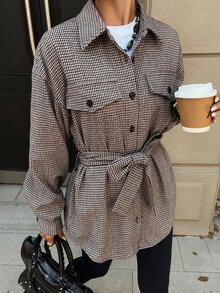 DAZY Women's Plaid Waist Knot Casual Versatile Long Sleeve Jacket Fall - Coffee Brown - View 7