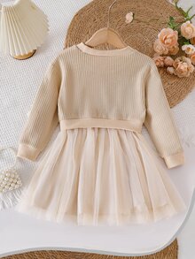 SHEIN Toddler Girls Set Polyester Round Neck Long Sleeve Botanical Ruffle Patchwork Short A-Line Loose Fit Princess Dress Fall Khaki - Khaki - View 2