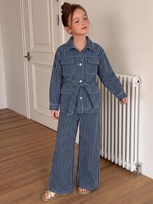 Dazy Kids Striped Lapel Loose Casual Autumn/Winter Jacket & Straight Leg Pants 2 Pieces Set Denim Outfit For Girls (Large) - Navy Blue - View 1