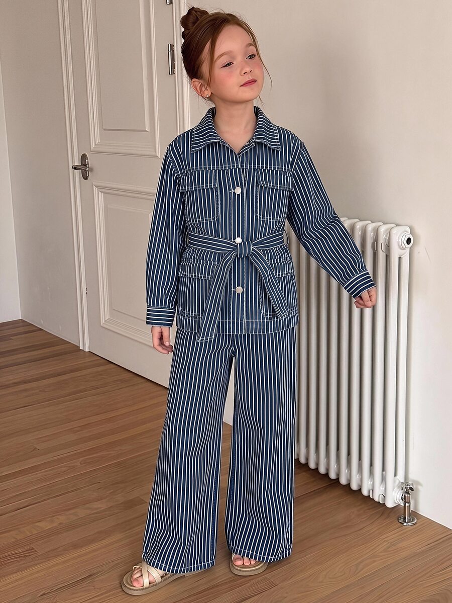 Dazy Kids Striped Lapel Loose Casual Autumn/Winter Jacket & Straight Leg Pants 2 Pieces Set Denim Outfit For Girls (Large) - Navy Blue - View 1