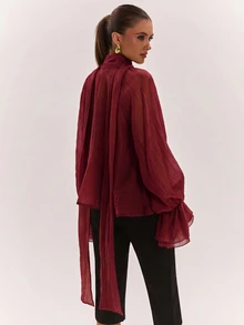 SHEIN BAE 女款優雅通勤純色蝴蝶結襯衫 - 酒紅色 - 查看 2