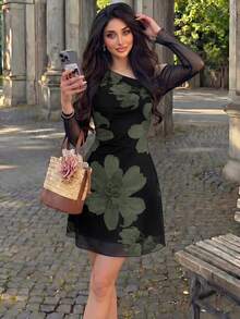 Modelyn 網格印花不對稱領口百褶優雅性感夏季女款洋裝 - 軍綠色 - 查看 3