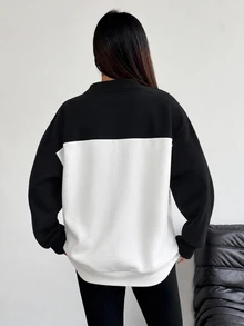 Modelyn 秋冬對比蕾絲圓領寬鬆落肩長袖上衣，小眾設計修身女款衛衣 - 彩色 - 查看 2