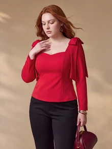 MOTF PREMIUM PLUS SIZE WOMEN'S BOWKNOT DECOR SWEETHEART NECKLINE TOP FALL - Red - View 6
