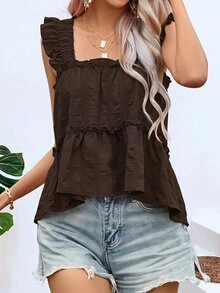SHEIN VCAY Plus Size Women's Vacation Casual Flutter Sleeve Tank Top - Coffee Brown - View 7