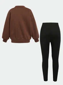 SHEIN 女童咖啡棕可愛熊衛衣套裝 2件組 休閒日常舒適百搭 - 咖啡棕 - 查看 2