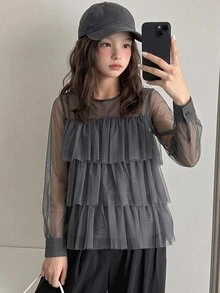 Dazy Kids Tween Girl Solid Color Mesh Casual Versatile Daily Wear Top - Grey - View 3
