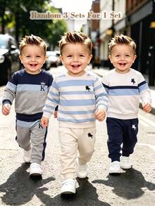 Baby Boy Round Neck Casual Comfortable Set, Simple Design Suitable For All Seasons - Multicolor - View 3