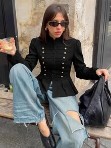 Siren Gaze Autumn/Winter New Vintage Napoleon Style Waist-Cinching Jacket For Women - Black - View 1