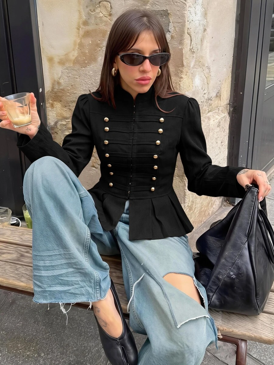 Siren Gaze Autumn/Winter New Vintage Napoleon Style Waist-Cinching Jacket For Women - Black - View 1