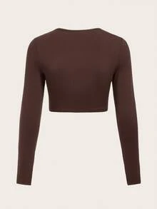 SHEIN BASICS 女款純色圓領短版上衣，黑色 - 棕色 - 查看 2