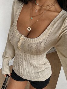 StreetHx Petite Women's Solid Color Autumn/Winter Ribbed U-Neck Button Casual Sexy Long Sleeve Sweater Top Going Out Party Khaki - Apricot - View 7