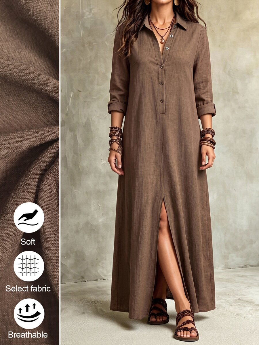 SHEIN LUNE CURVE Plus Size Solid Color Casual Lapel Front Slit Design Long Comfortable Linen Dress - Brown - View 1