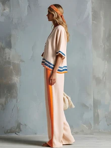 LUMIGAL Women's Colorblock Top And Pants Casual Daily 2 Pieces Set - Apricot - View 4
