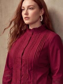 MOTF PREMIUM PLUS SIZE WOMEN'S FRILL TRIM STAND COLLAR CONTRAST LACE BLOUSE FALL - Burgundy - View 4