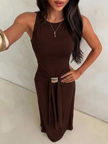 Aloruh Women's Spring/Summer Vacation New Brown Sleeveless Bodycon Fishtail Dress, Suitable For Street, Daily, Commuting - Brown - View 5