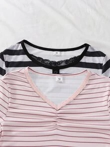 SHEIN Children's Striped Long Sleeve Top For Spring And Autumn, Black & White Stripes, Brown & Pink Stripes, V-Neck Design With Delicate Lace Trim, Sweet And Fashionable, Suitable For Daily Wear And Gatherings - Multicolor - View 8