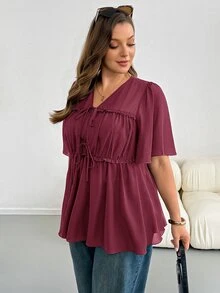 SHEIN Essnce 大尺碼夏季休閒優雅純色前綁帶襯衫 早午餐晨間穿搭 深綠色 - 中紫紅色 - 查看 3