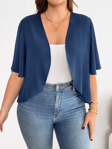 SHEIN Essnce 大尺碼純色極簡休閒優雅輕量度假夾克，適合日常穿著、辦公室、秋季百搭 - 藍色 - 查看 1