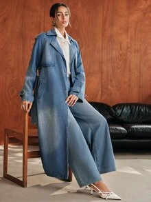 Anewsta Women's Lapel NeckLong Sleeve Casual Long Denim Jacket - Blue - View 7