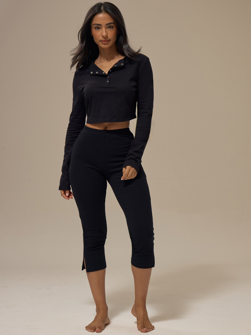 Black Popper Front Placket Ribbed Collar Detail Long Sleeve Slim Fit Top
