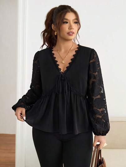 SHEIN Frenchy Plus Size Women's Apricot Lace Blouse, Cute Women's Spring Long Sleeve Top For Outings, Casual Commute Women's Clothing, Spring Women's Apparel