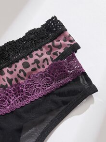SHEIN Y2K Shibuya Style Leopard Print Mesh & Lace Patchwork Women's Narrow Waistband Panties 3pcs/Pack - Multicolor - View 4