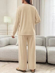 Slowluna Maternity Solid Color Long Sleeve T-Shirt And Pants Casual Nursing 2 Pieces Set Fall - Khaki - View 2