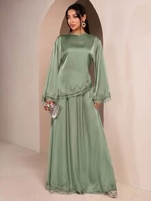 Veilorie Women's Lace Patchwork Long Sleeve Top And Skirt Casual 2 Pieces Set - Green - View 3