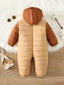 SHEIN 中性新生兒嬰兒男/女童、幼兒秋冬保暖內裡加厚可愛拼色連帽連身雪衣，冬季連身褲 - 棕色 - 查看 2