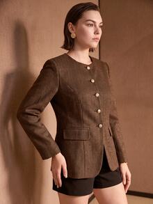 MOTF PREMIUM JAKET MUSIM DINGIN WANITA UKURAN BESAR ELEGAN DENGAN KANCING TUNGGAL, BAGIAN DEPAN TERBUKA, DAN PINGGANG YANG DISEMPURKAN - Coklat - View 4