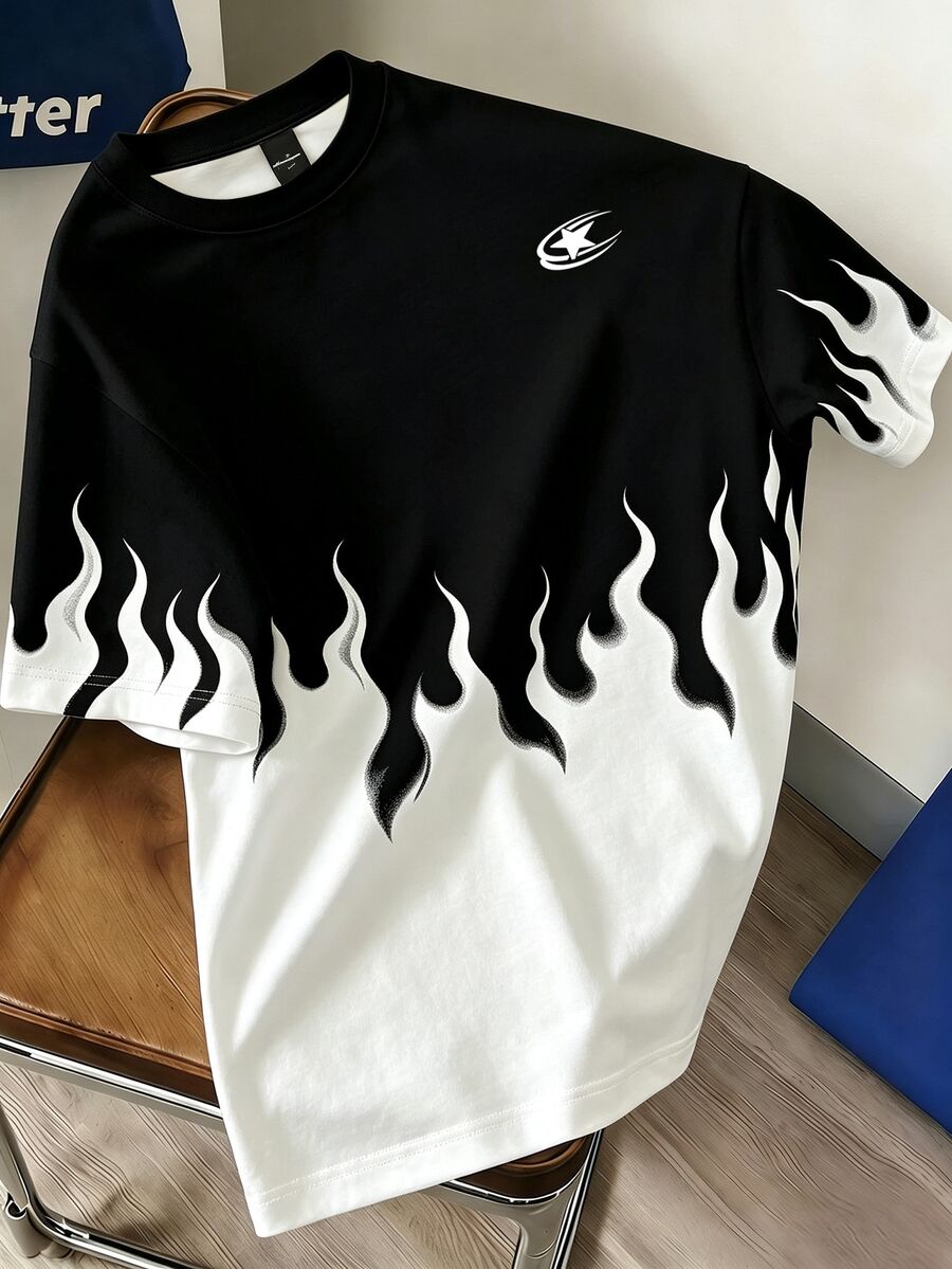 Manfinity Hypemode Men's Summer Casual Colorblock Flame Print T-Shirt - Black and White - View 1