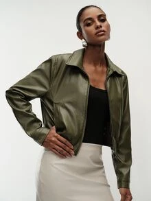 Aveloria Modichic Women's Jacket Cropped Bomber PU Zip Up Lapel Elastic Hem Long Sleeve Pockets Streetwear Cool Casual Vintage Olive Green Solid Jacket Women's Jacket - Army Green - View 5