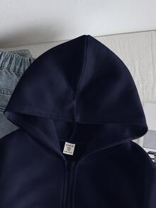 SHEIN 少女寬鬆休閒基本款極簡舒適街頭風連帽修身前短後長長袖冬季外套 白色秋季 - 藍色 - 查看 6