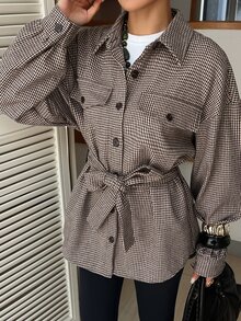 DAZY Women's Plaid Waist Knot Casual Versatile Long Sleeve Jacket Fall - Coffee Brown - View 1