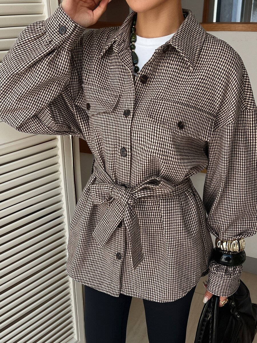 DAZY Women's Plaid Waist Knot Casual Versatile Long Sleeve Jacket Fall - Coffee Brown - View 1